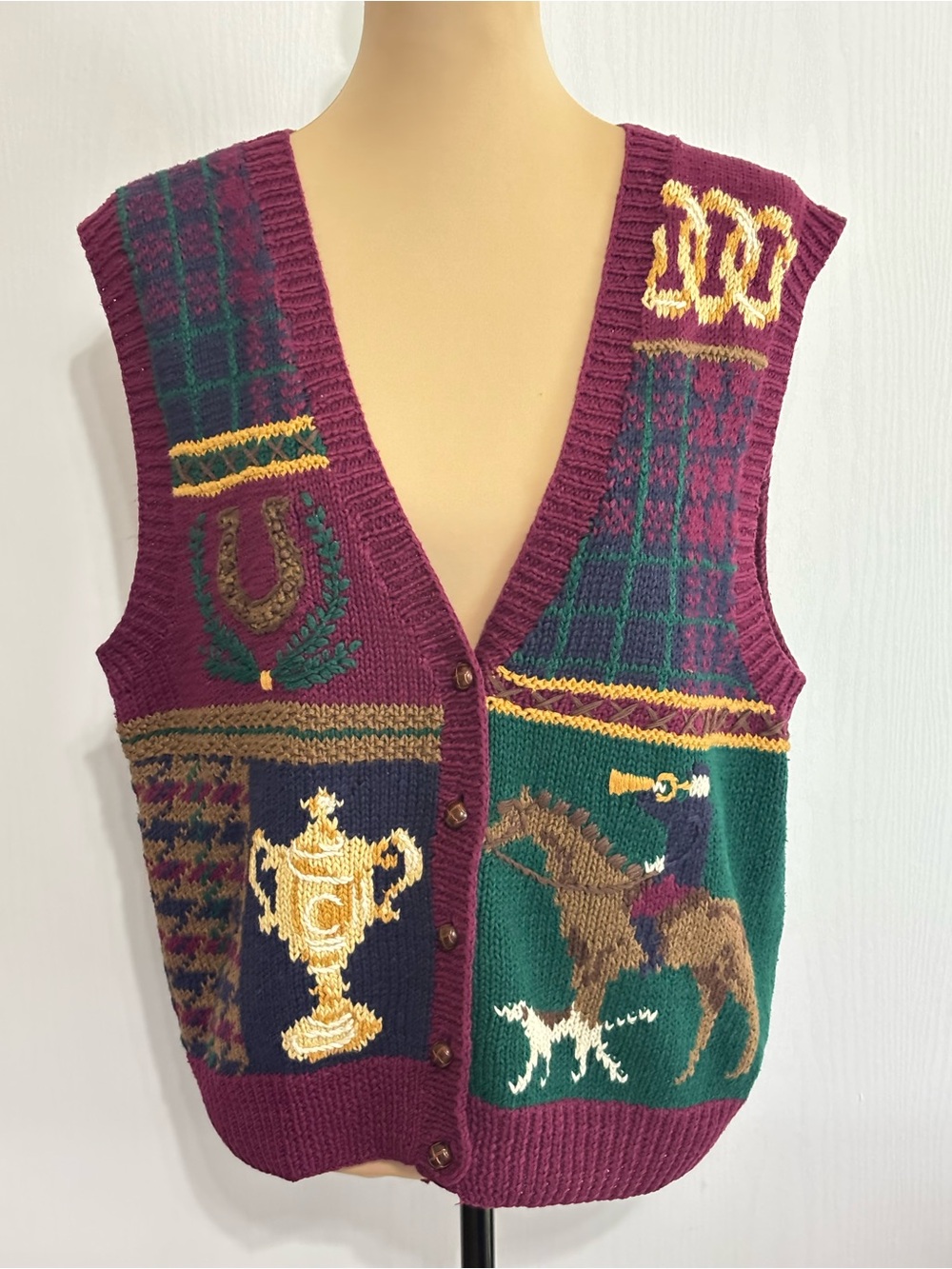 Robert Scott Equestrian Sweater Vest Womens Large Maroon Dark Academia Horse Vtg